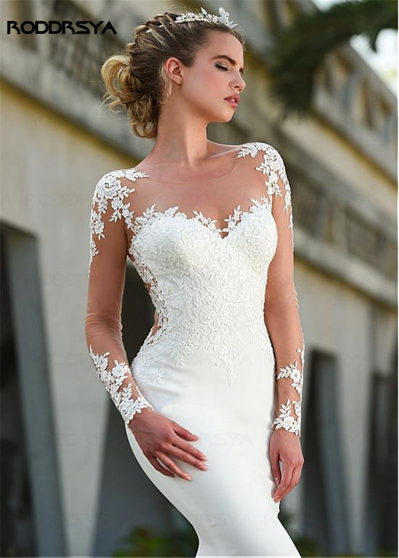 Floniel  Designer Long Sleeves Sheer Illusion Lace Appliques Mermaid Wedding Dresses Bridal Gowns See Through Back