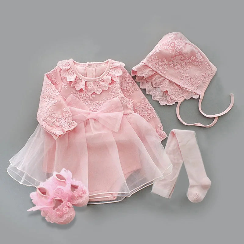 Newborn Baby Girl Dresses Clothes For 0-3 Month Set Party Birthday Dress Outfits 0-1 Years Shoes Tights & Long Socks Christening