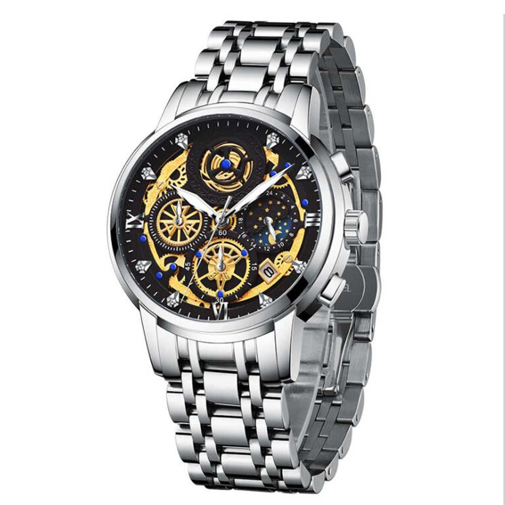 RELOGIOSLAND High Quality Mens Business Quartz Watch With Luminous Pointer Fashion Steel Wirstband Watch