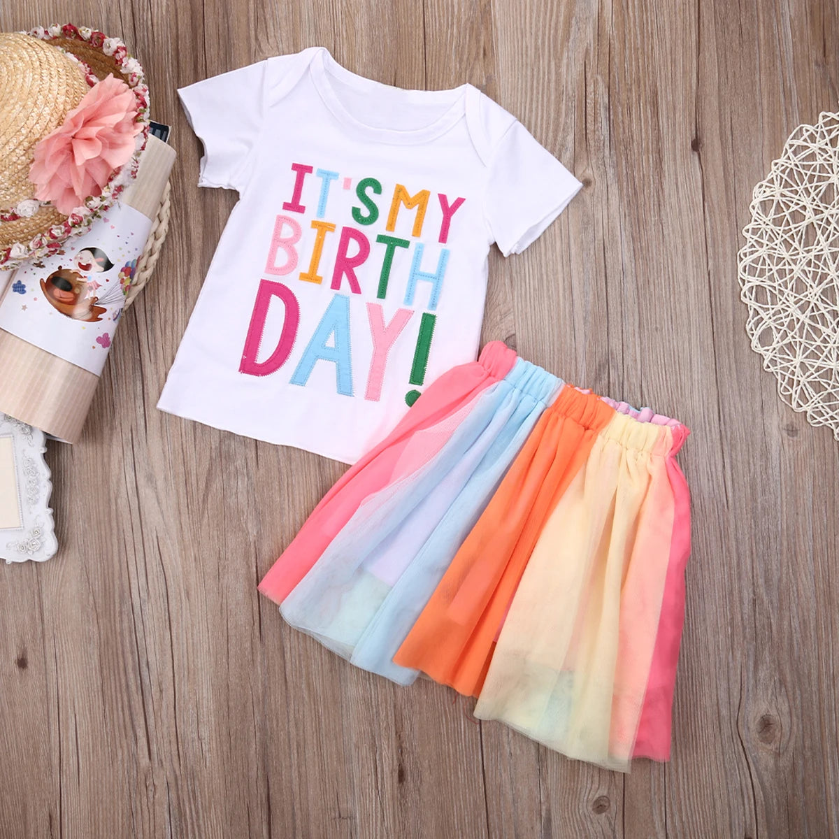 UK It’s My Birthday T-Shirt Tutu Skirt Baby Kids Girls Party Colourful Dress Set Summer Clothing