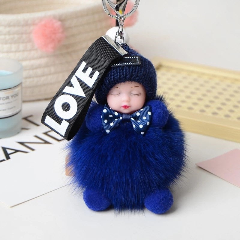 Real Fox Fur Pompom Sleeping Baby Keychain Fluffy Plush Doll