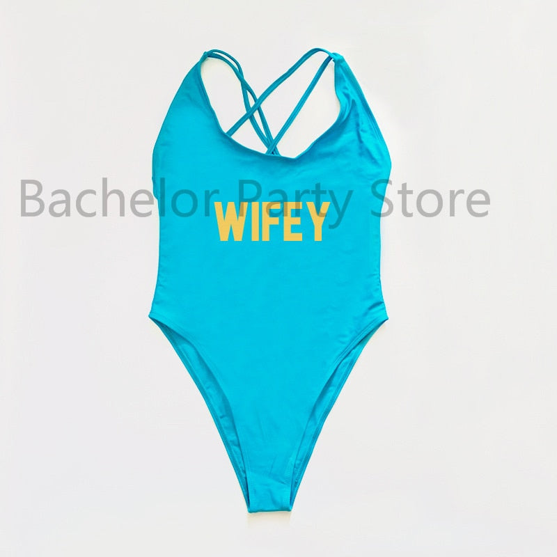 WIFEY Letter Print One Piece Swimsuit Swimwear Women Cross Back Bathing Suit Beachwear-bikini-Top Super Deals-BUGD-S-Free Item Online