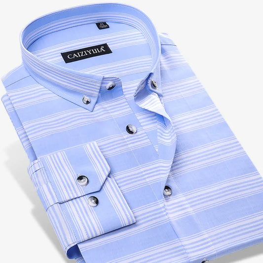 Men's Long-Sleeve Colors Striped Pocketless Shirts Premium Quality 100% Cotton Standard-fit Button-down Daily Casual Tops Shirt