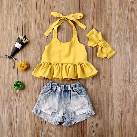 Summer 2-6Years Baby Girl Clothes Yellow Sleeveless Halter Tops Denim Shorts Headband Kids Outfit Set