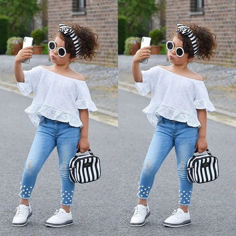 1-6Y Toddler Kids Baby Girls Clothes Sets White Off Shoulder Tops T-shirt Denim Long Pants Jeans Trouser For Girl Outfits