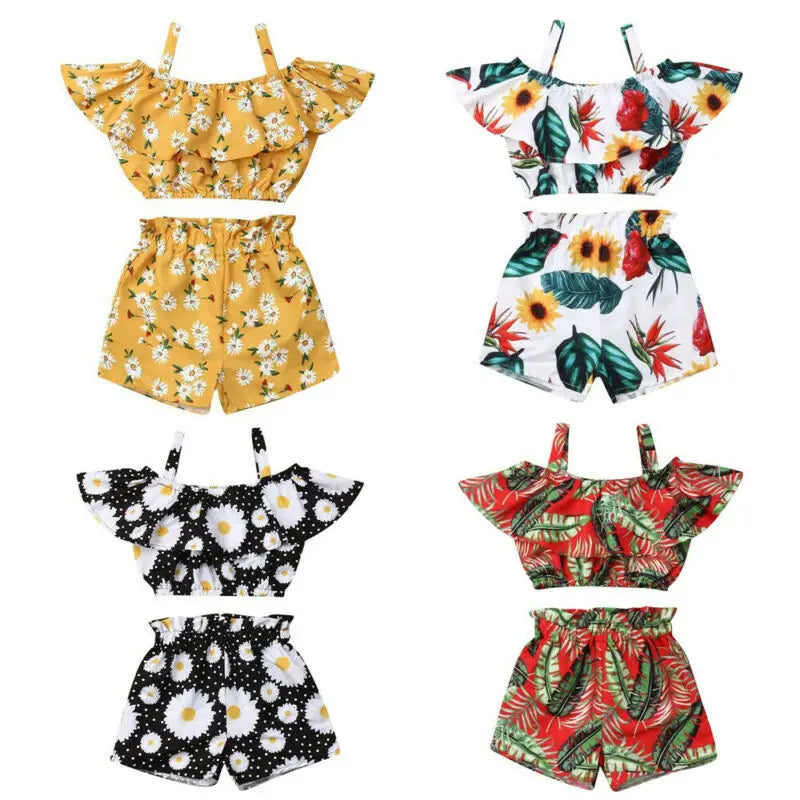 Newest Fashion Summer Toddler Baby Girl Clothes Off Shoulder Ruffle Sling Crop Tops Short Pants 2Pcs Outfits Clothes