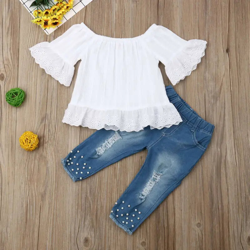 1-6Y Toddler Kids Baby Girls Clothes Sets White Off Shoulder Tops T-shirt Denim Long Pants Jeans Trouser For Girl Outfits