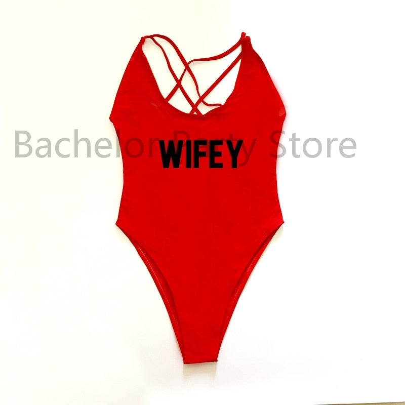WIFEY Letter Print One Piece Swimsuit Swimwear Women Cross Back Bathing Suit Beachwear-bikini-Top Super Deals-REBK-S-Free Item Online