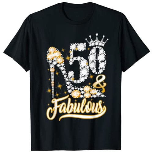 Fabulous 50th Birthday Diamond Crown Shoes T-Shirt Graphic Tee Tops Woman T Shirts