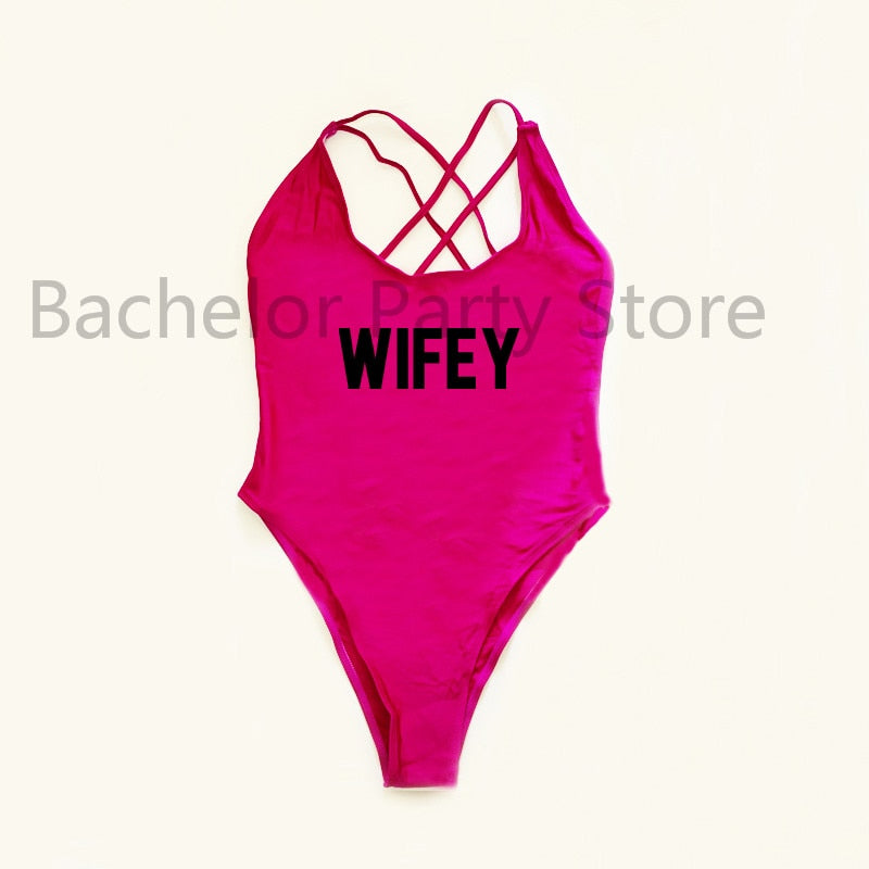 WIFEY Letter Print One Piece Swimsuit Swimwear Women Cross Back Bathing Suit Beachwear-bikini-Top Super Deals-PUBK-S-Free Item Online