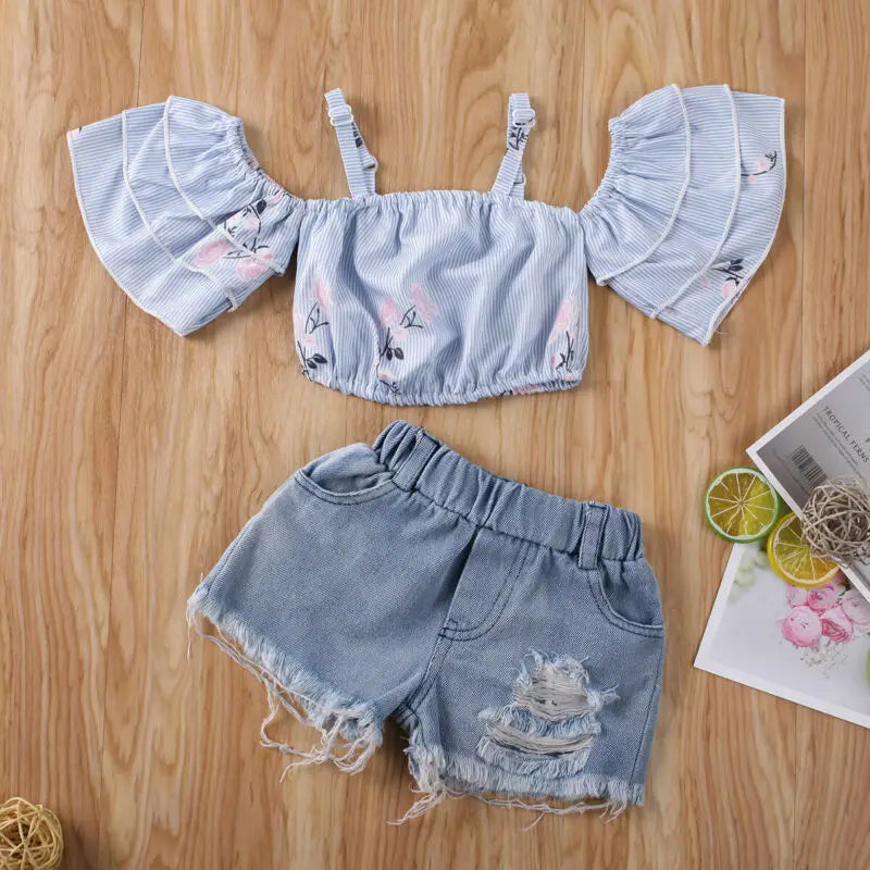 Fashion 2PCS Kid Baby Girl Clothes Off Shoulder Striped Ruffle Sleeve T-shirt Ripped Denim Shorts Summer Outfit Set