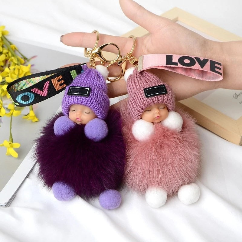 Real Fox Fur Pompom Sleeping Baby Keychain Fluffy Plush Doll