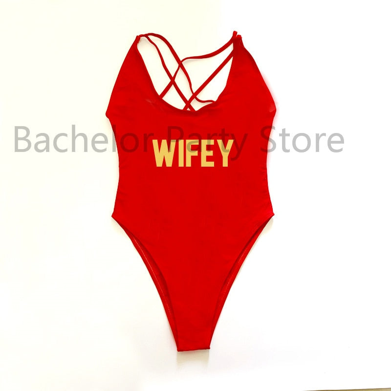 WIFEY Letter Print One Piece Swimsuit Swimwear Women Cross Back Bathing Suit Beachwear-bikini-Top Super Deals-REGD-S-Free Item Online