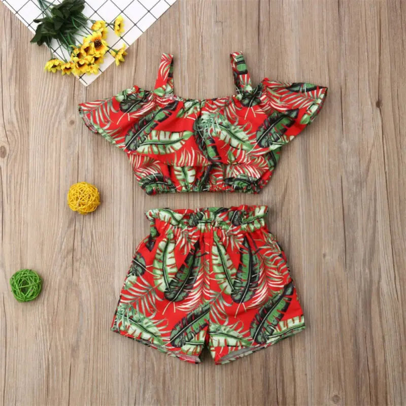 Newest Fashion Summer Toddler Baby Girl Clothes Off Shoulder Ruffle Sling Crop Tops Short Pants 2Pcs Outfits Clothes