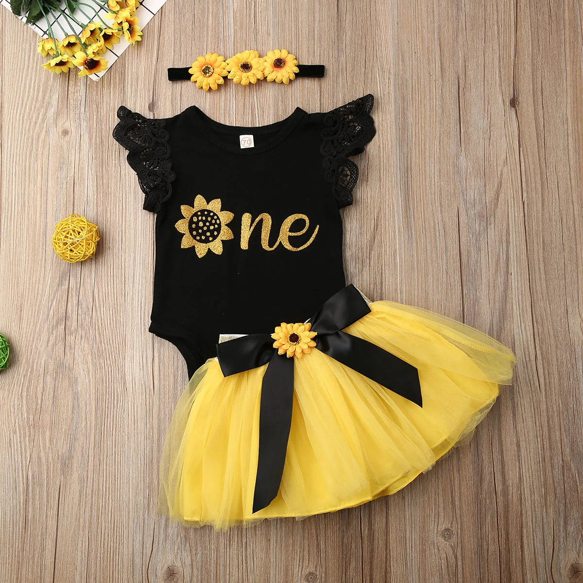 3Pcs Baby Girl Sunflower Lace Ruffle Sleeveless Romper Outfits Set