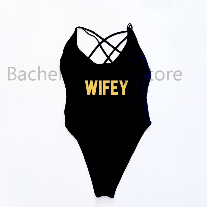WIFEY Letter Print One Piece Swimsuit Swimwear Women Cross Back Bathing Suit Beachwear-bikini-Top Super Deals-BLGD-S-Free Item Online