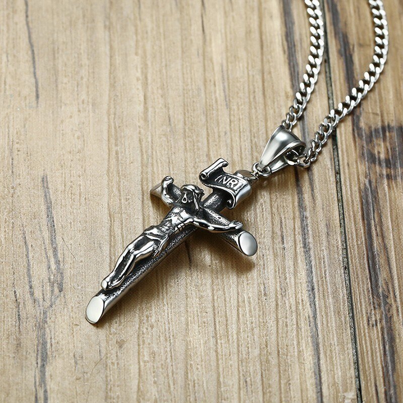 Vantage Mens Crucifix Necklace Ancient silver color Stainless Steel Italian Chain Male Charm Cross Pendant Jewelry