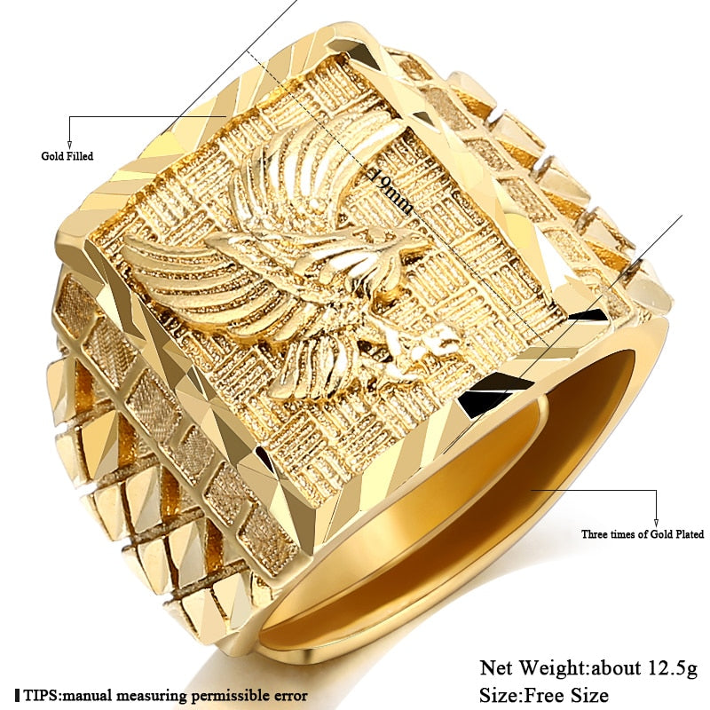 Punk Rock Eagle Men &#39;s Ring Luxury Gold Color Resizable To 7-11 Finger Jewelry Never Fade