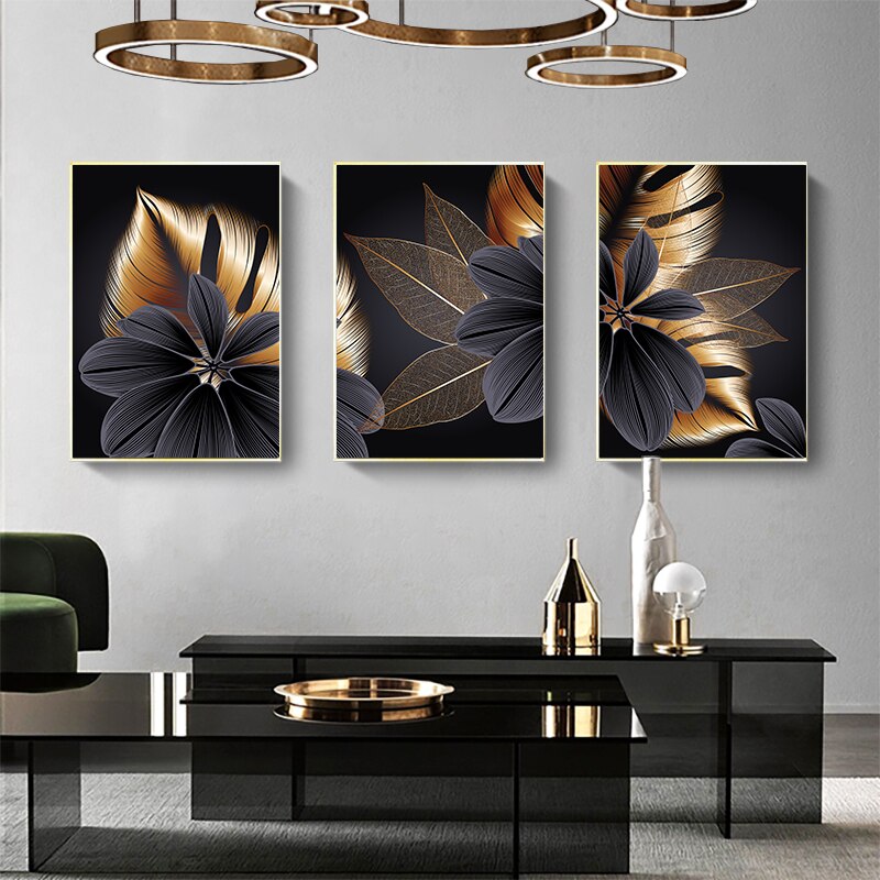 Black Golden Plant Leaf Canvas Poster Print Modern Home Decor Abstract Wall Art Painting Nordic Living Room Decoration Picture