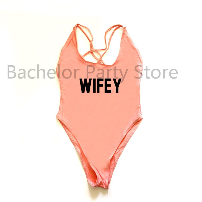 WIFEY Letter Print One Piece Swimsuit Swimwear Women Cross Back Bathing Suit Beachwear-bikini-Top Super Deals-LPBK-S-Free Item Online