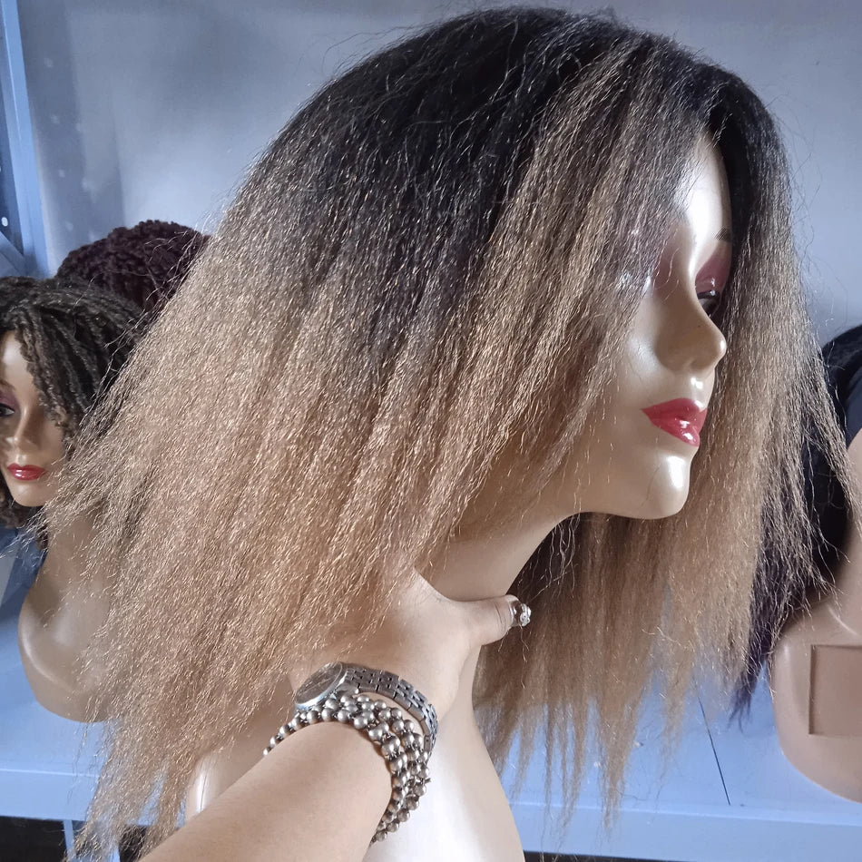 Kinky Curly Afro Hair Wigs Yaki Straight Wigs Ombre Synthetic Wig For Women Medium Part Women Black Natural Female Wigs cosplay