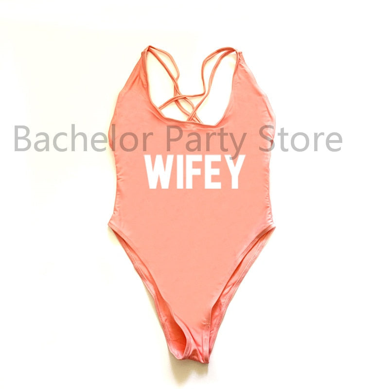 WIFEY Letter Print One Piece Swimsuit Swimwear Women Cross Back Bathing Suit Beachwear-bikini-Top Super Deals-LPWH-S-Free Item Online