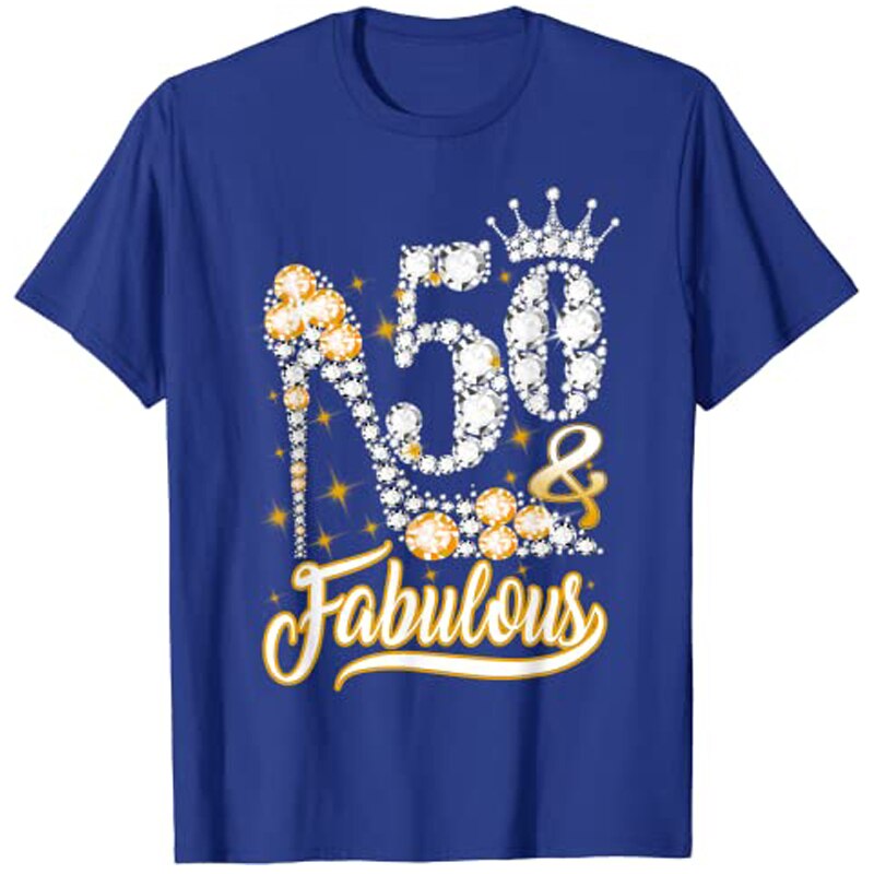 Fabulous 50th Birthday Diamond Crown Shoes T-Shirt Graphic Tee Tops Woman T Shirts