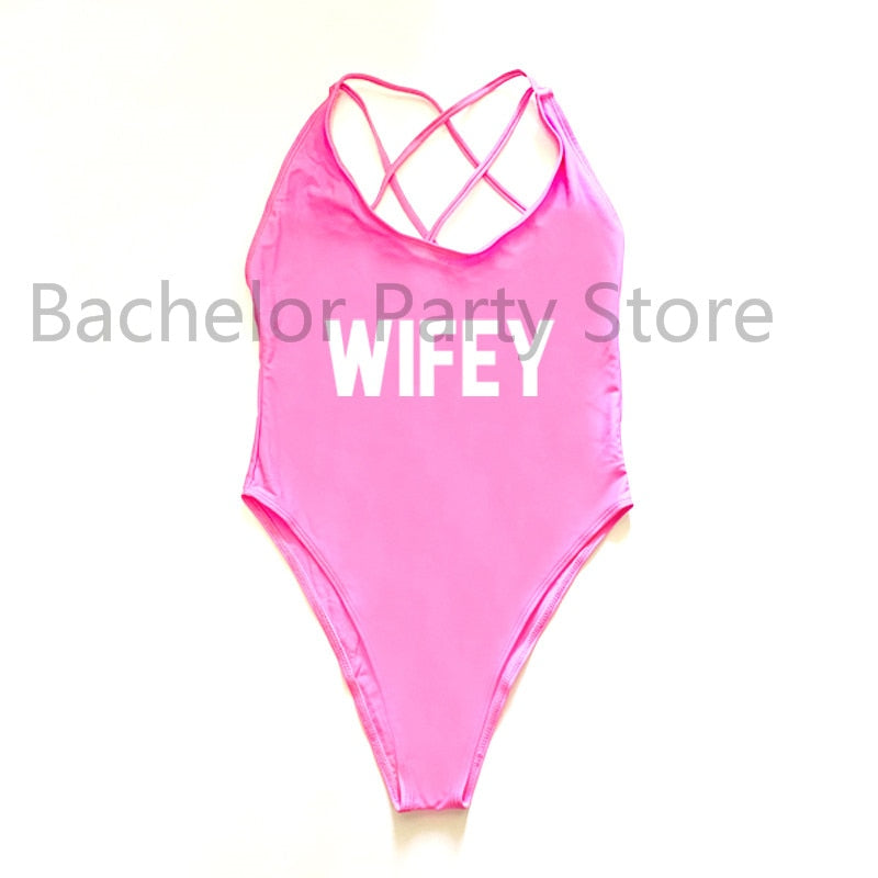 WIFEY Letter Print One Piece Swimsuit Swimwear Women Cross Back Bathing Suit Beachwear-bikini-Top Super Deals-PIWH-S-Free Item Online