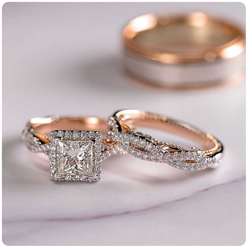 Huitan Gorgeous Women/Men Wedding Set Rings Mosaic AAA CZ Two Tone Romantic Female Engagement Rings Fashion Jewelry Top Quality