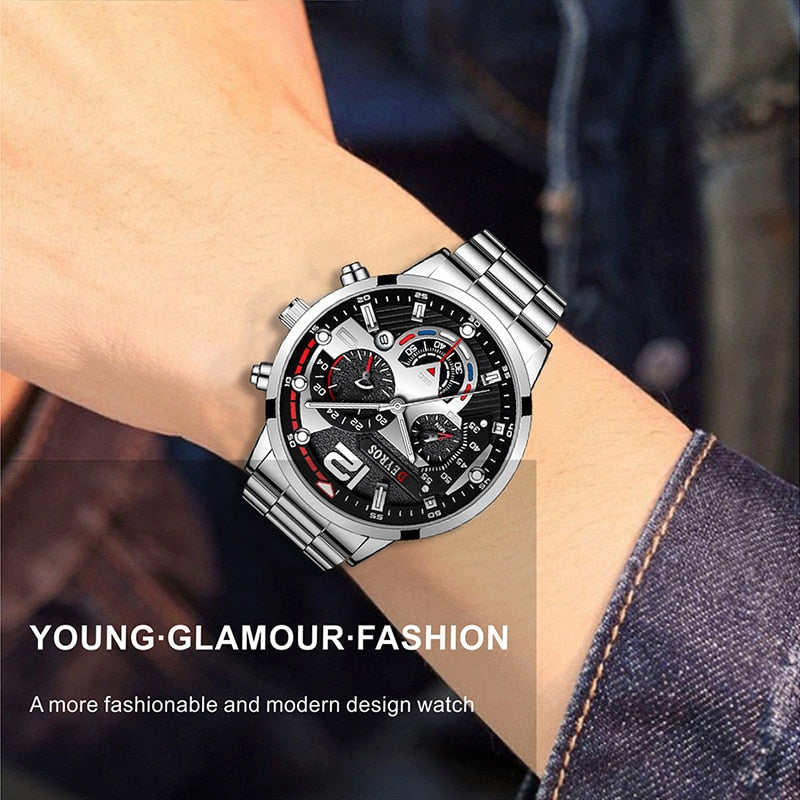 Luxury Mens Watches Fashion Stainless Steel Quartz Wrist Watch Calendar Date Luminous Clock Men Business Casual Leather Watch