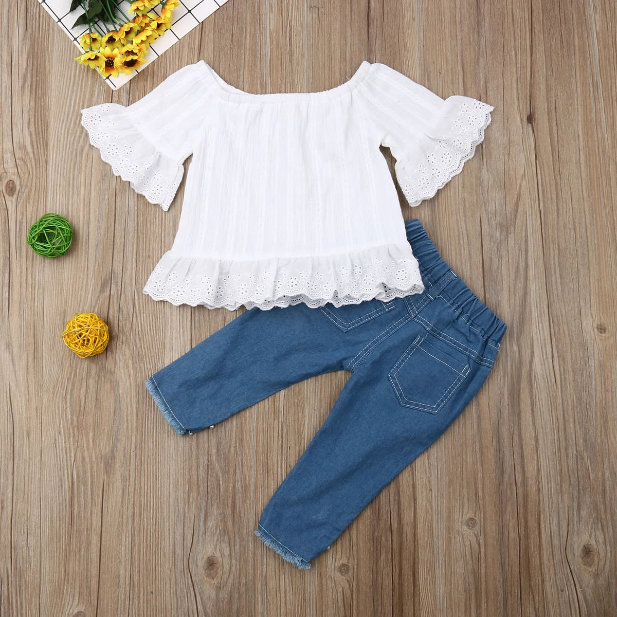 1-6Y Toddler Kids Baby Girls Clothes Sets White Off Shoulder Tops T-shirt Denim Long Pants Jeans Trouser For Girl Outfits