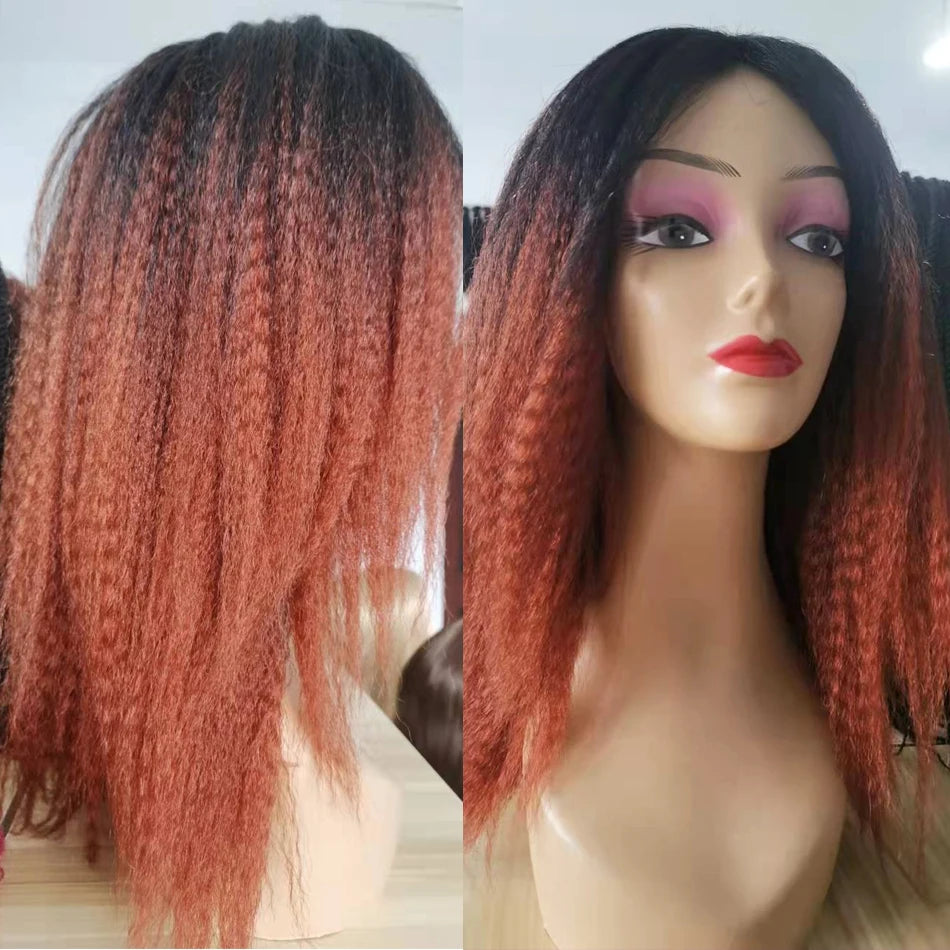 Kinky Curly Afro Hair Wigs Yaki Straight Wigs Ombre Synthetic Wig For Women Medium Part Women Black Natural Female Wigs cosplay