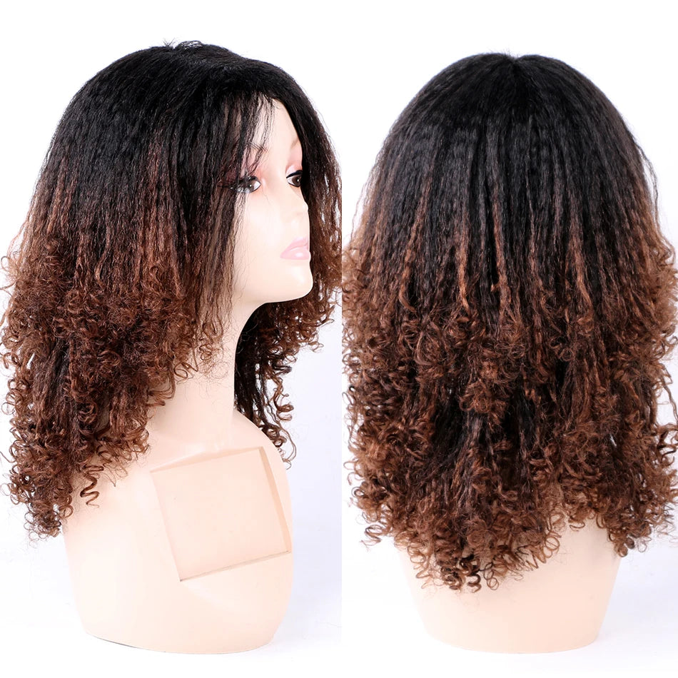 Kinky Curly Afro Hair Wigs Yaki Straight Wigs Ombre Synthetic Wig For Women Medium Part Women Black Natural Female Wigs cosplay