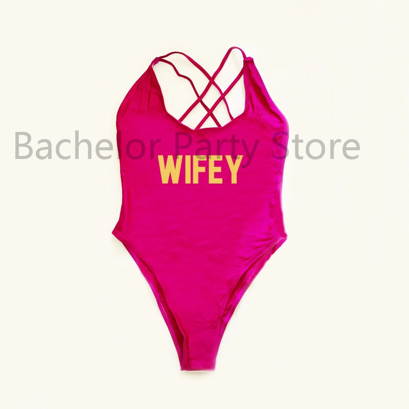 WIFEY Letter Print One Piece Swimsuit Swimwear Women Cross Back Bathing Suit Beachwear-bikini-Top Super Deals-PUGD-S-Free Item Online