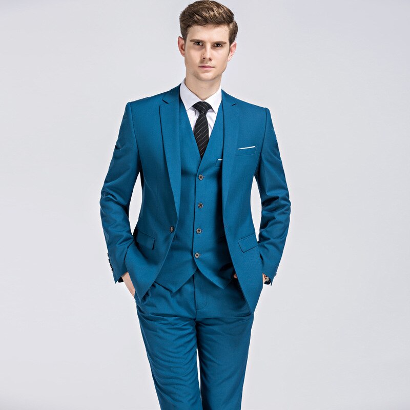Spring And Autumn High Quality 3Piece Bride Dress Slim Fit Wedding Evening Men Vest Suit Classic Solid  Blue Formal Male Blazer