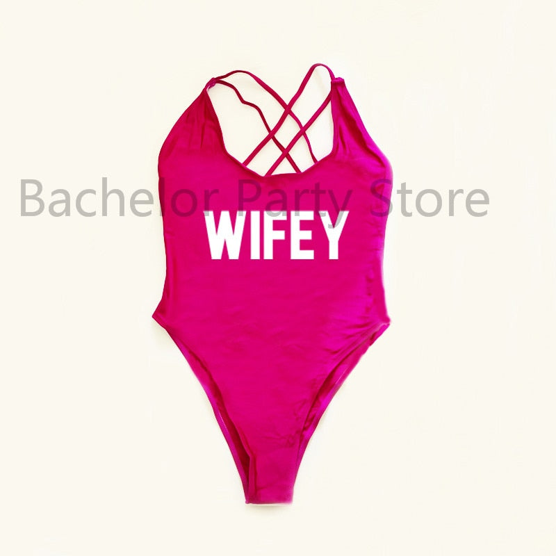 WIFEY Letter Print One Piece Swimsuit Swimwear Women Cross Back Bathing Suit Beachwear-bikini-Top Super Deals-PUWH-S-Free Item Online