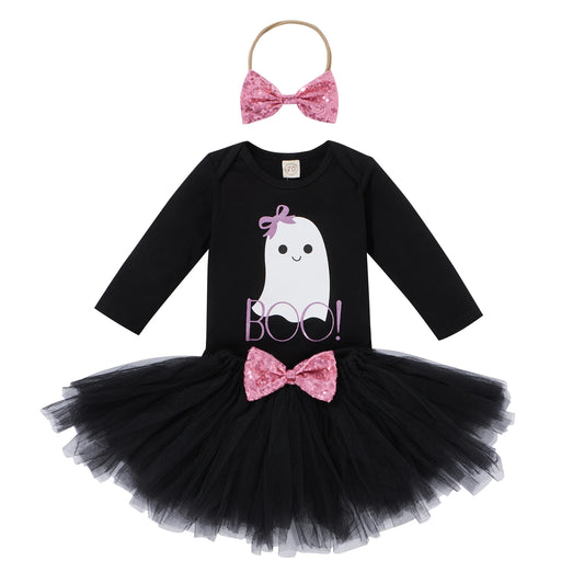 3 Pcs Baby Girls Halloween Clothes Cartoon Letter Print Long Sleeve Romper Tulle Skirt with Sequined Bowknot Headband Outfit