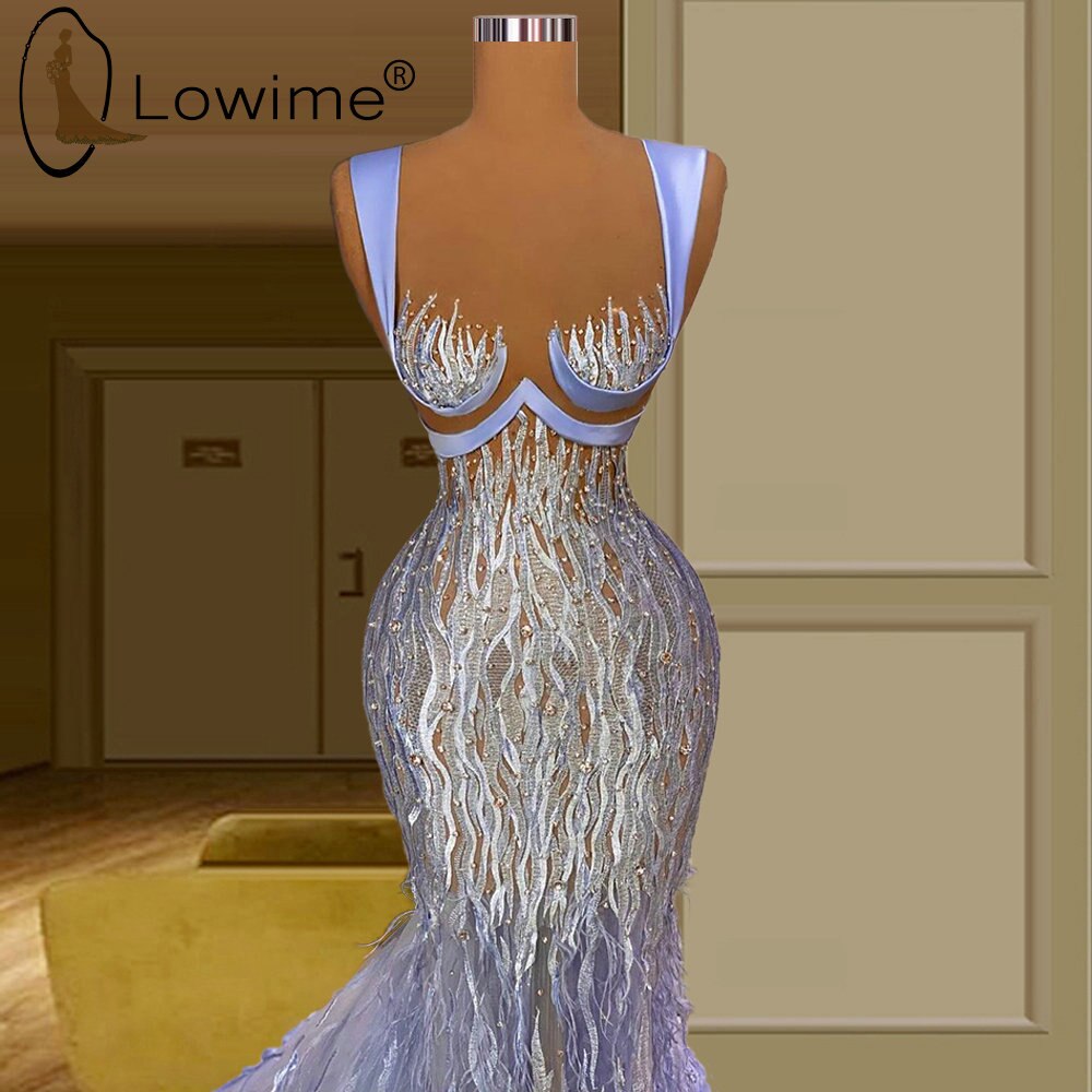 Lowime Sexy Illusion Feathers Pearls Mermaid Evening Dresses Lavender Lace Prom Party Gowns Long Robes De Soiree