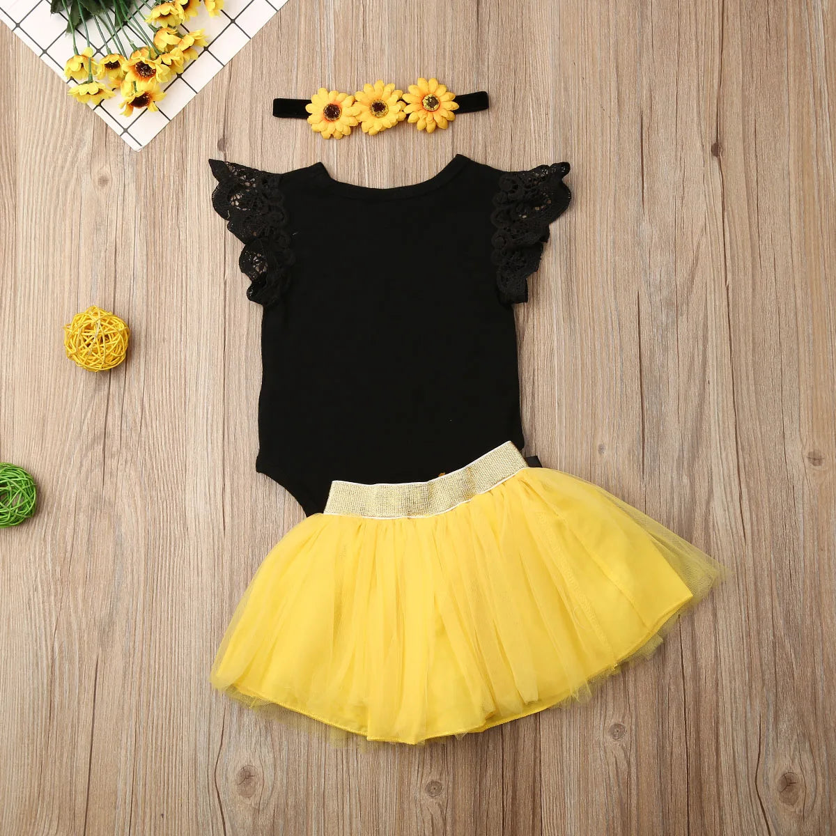 3Pcs Baby Girl Sunflower Lace Ruffle Sleeveless Romper Outfits Set