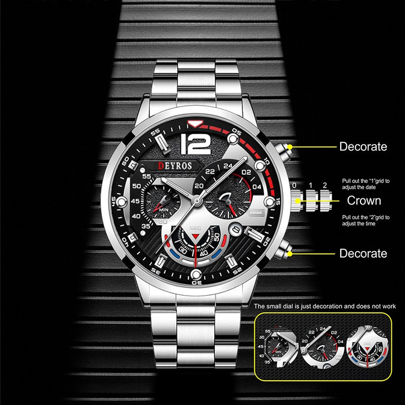 Luxury Mens Watches Fashion Stainless Steel Quartz Wrist Watch Calendar Date Luminous Clock Men Business Casual Leather Watch