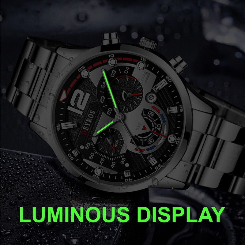 Luxury Mens Watches Fashion Stainless Steel Quartz Wrist Watch Calendar Date Luminous Clock Men Business Casual Leather Watch