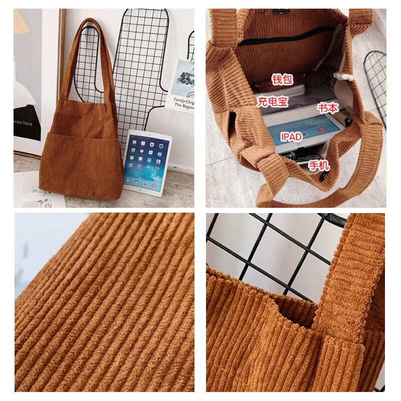 Hylhexyr Corduroy Totes Bag Carry Shoulder Bag Retro Casual Handbags With Inner Pocket For School Work Beach Travel and Shopping