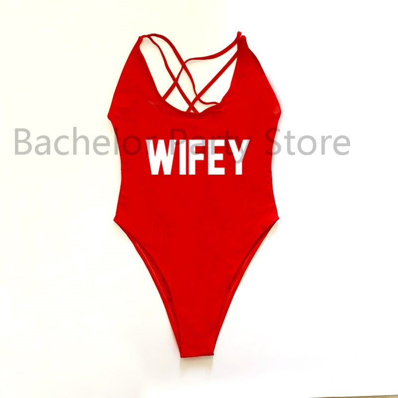 WIFEY Letter Print One Piece Swimsuit Swimwear Women Cross Back Bathing Suit Beachwear-bikini-Top Super Deals-REWH-S-Free Item Online