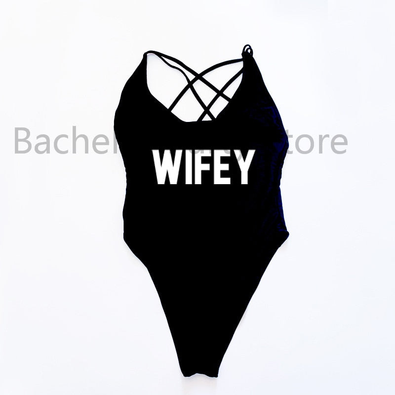 WIFEY Letter Print One Piece Swimsuit Swimwear Women Cross Back Bathing Suit Beachwear-bikini-Top Super Deals-BLWH-S-Free Item Online