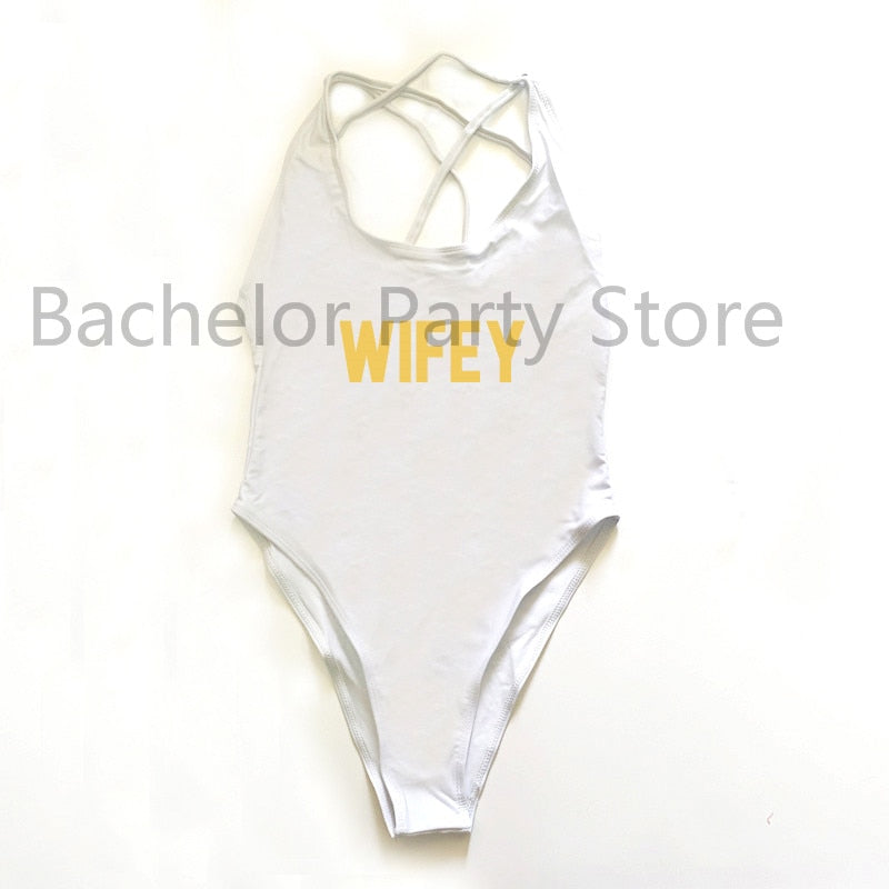 WIFEY Letter Print One Piece Swimsuit Swimwear Women Cross Back Bathing Suit Beachwear-bikini-Top Super Deals-WHGD-S-Free Item Online