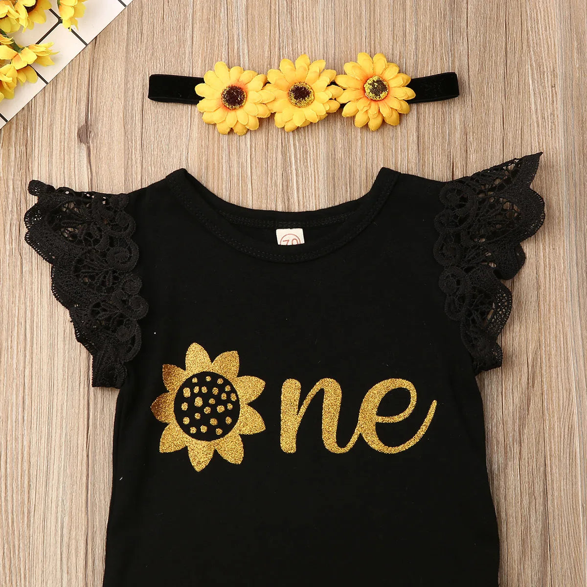 3Pcs Baby Girl Sunflower Lace Ruffle Sleeveless Romper Outfits Set