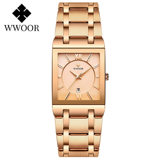 WWOOR Ladies Fashion Watches Top Brand Luxury Square Dress Black Gold Quartz Wrist Watch Stainless Steel Waterproof Women Watch