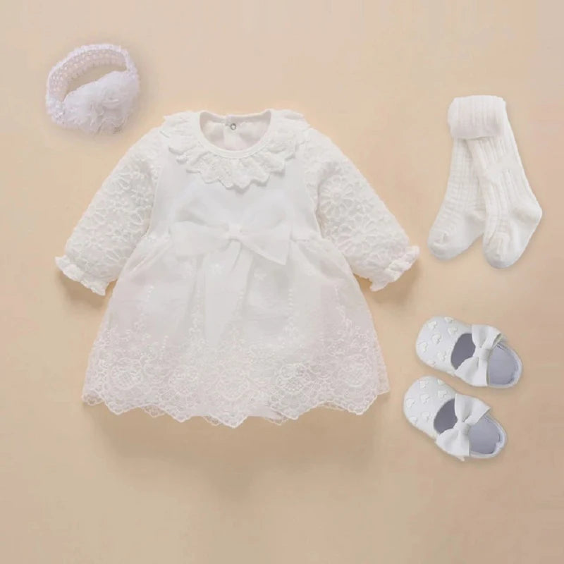 Newborn Baby Girl Dresses Clothes For 0-3 Month Set Party Birthday Dress Outfits 0-1 Years Shoes Tights & Long Socks Christening