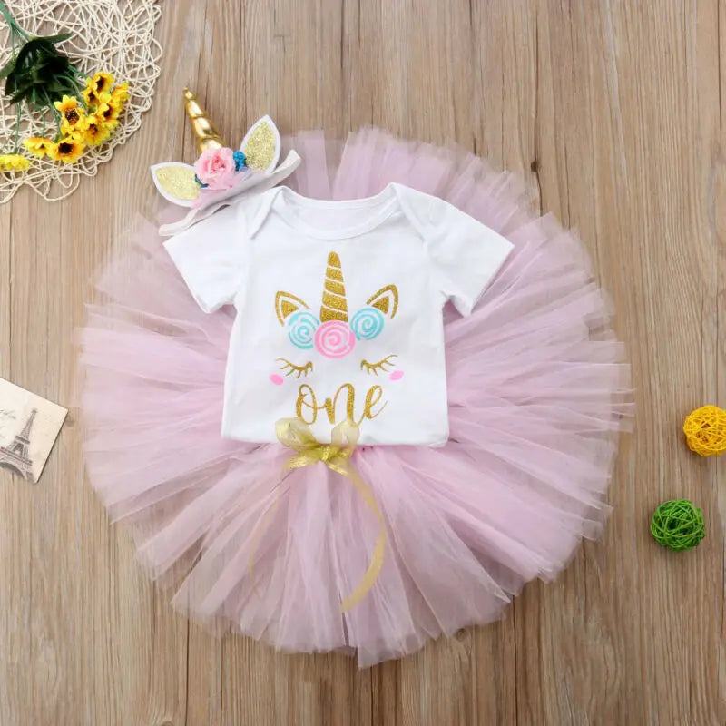 3PCS Baby Girl 1st Birthday Outfit Party Print Romper Cake Smash Tutu Dress Tulle Skirts Headband 0-24 Months