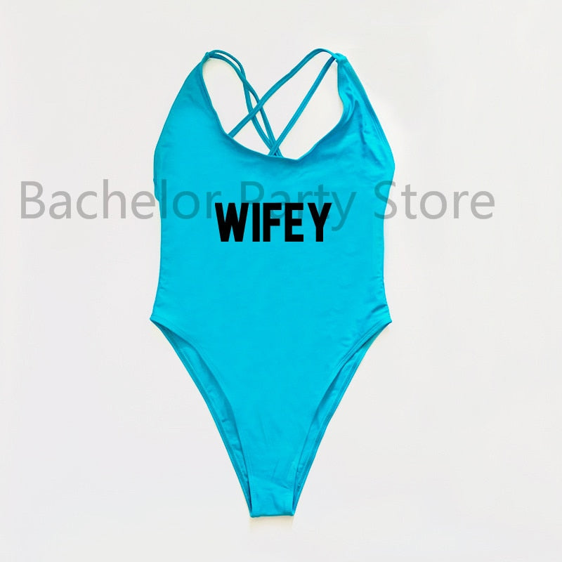 WIFEY Letter Print One Piece Swimsuit Swimwear Women Cross Back Bathing Suit Beachwear-bikini-Top Super Deals-BUBK-S-Free Item Online